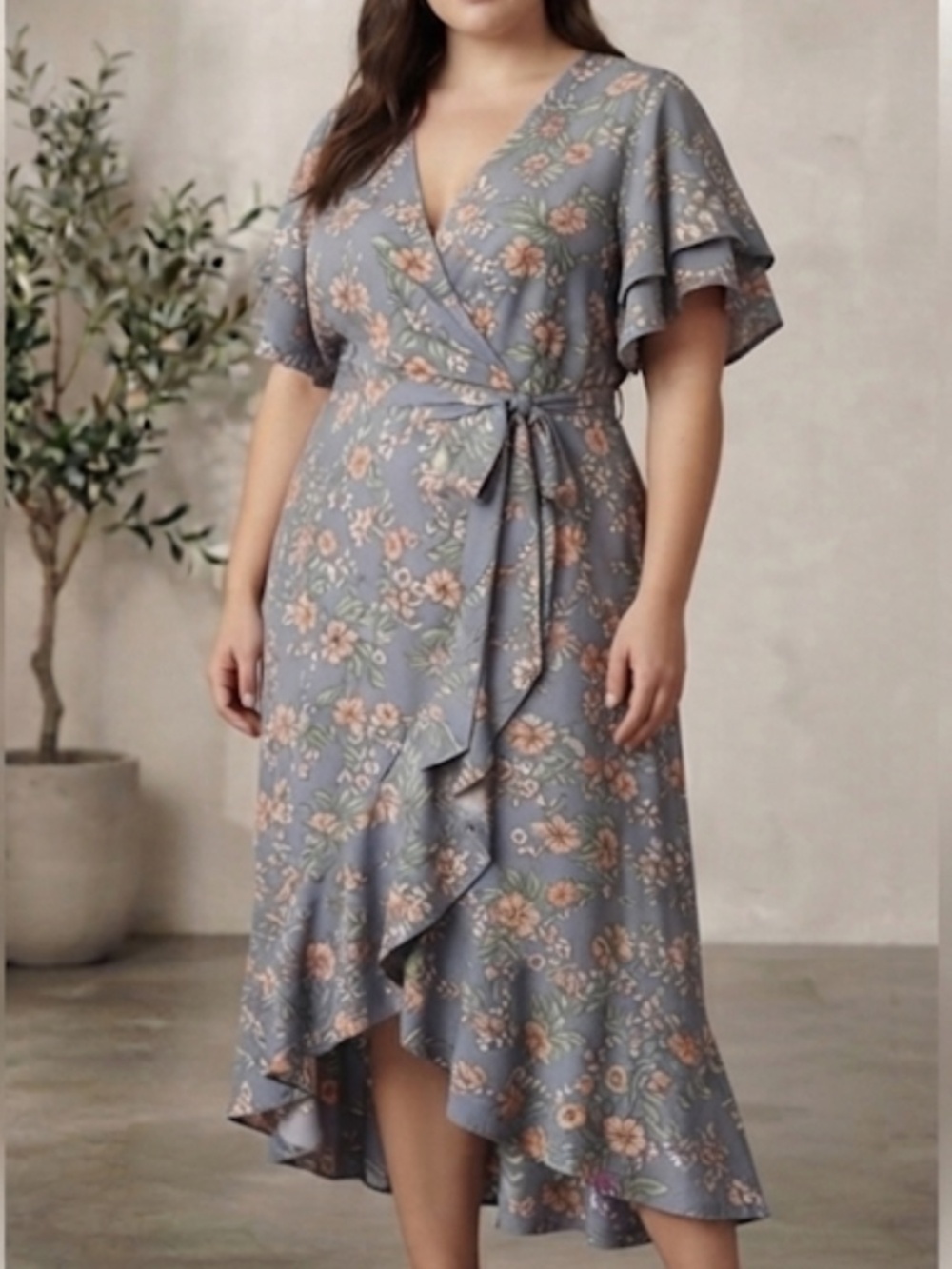 Max Studio Wrap Dress London Blue Floral Print Short Flutter Sleeves Plus Sz 1X - Picture 16 of 16
